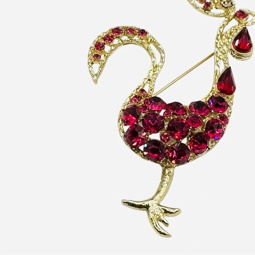 Vintage Gold Tone Roaster Brooch Fuchsia, Rhinestone Statement Pin